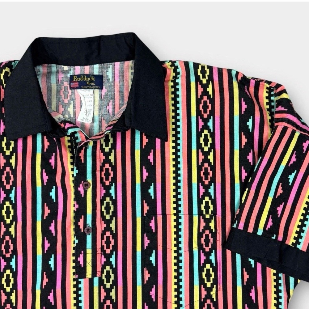 Ruddock Bros Mens Southwestern Geometric Stripe Polo Shirt 17.5 XL Made in USA